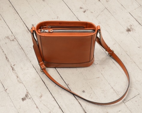 Hand-burnished chestnut Shoulder Bag with long strap; 10 x 10 x 3''-topdown-1