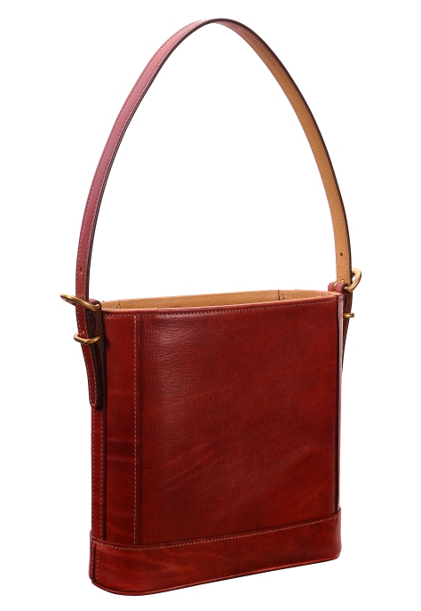 Hand-grained,-hand-colored-berbere-red-Shoulder-Bag-with-natural-trim-and-short-strap;-10-x-10-x-3'