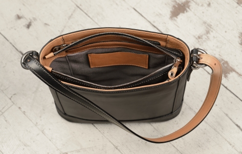 Hand-burnished-black-Shoulder-Bag-with-hand-grained-natural-trim-and-warm-gray-grosgrain-lining;-10-x-10-x-3'-topdown3