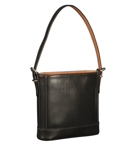Hand-burnished-black-Shoulder-Bag-with-hand-grained-natural-trim-and-warm-gray-grosgrain-lining;-10-x-10-x-3'
