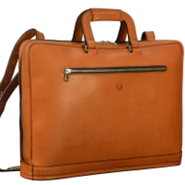 Hand-burnished-chestnut-Platform-Portfolio-with-shoulder-strap-and-open-back-pocket;-17-x-12-x-4'