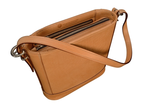 Hand-burnished-natural-leather-Shoulder-Bag-with-short-shoulder-strap-and-magenta-lining;-10-x-10-x-3'-topdown1