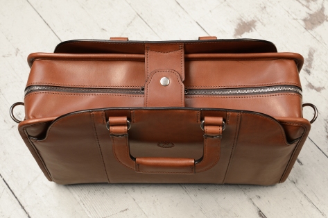 Hand-burnished-espresso-Day-Bag-with-tangerine-grosgrain-lining;-16-x-11-x-4-topdown1