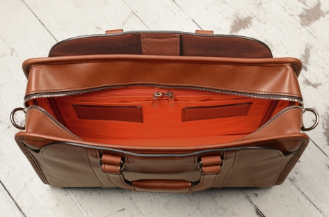 Hand-burnished-espresso-Day-Bag-with-tangerine-grosgrain-lining;-16-x-11-x-4-topdown2