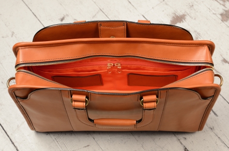 Hand-burnished-chestnut-Day-Bag-with-tangerine-grosgrain-lining;-16-x-11-x-4-topdown